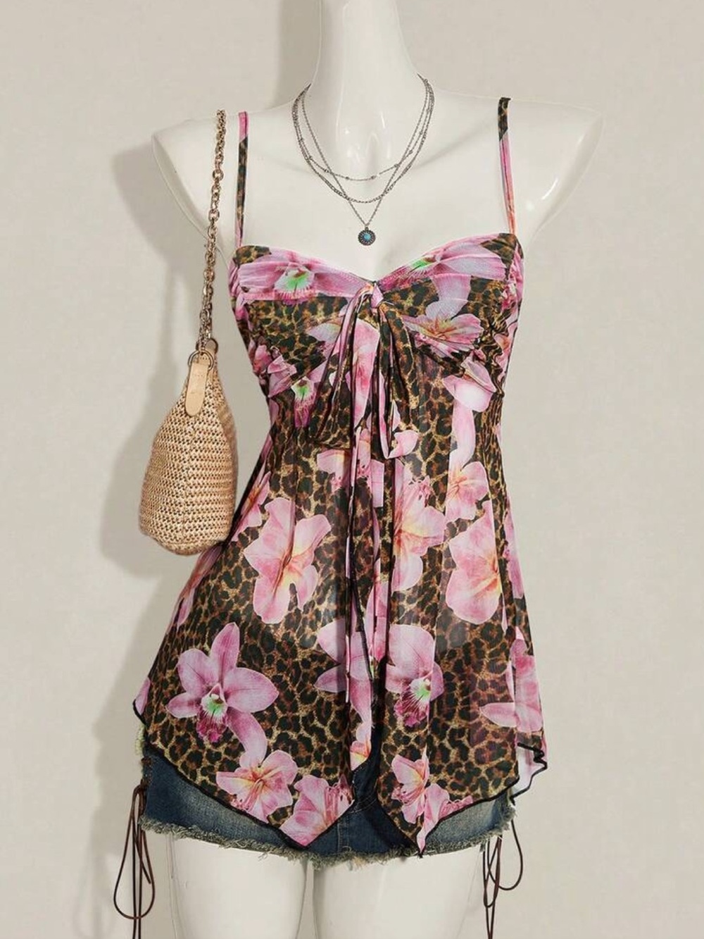 Floral Leopard Print Tie-Front Cami Top - Pink Multi